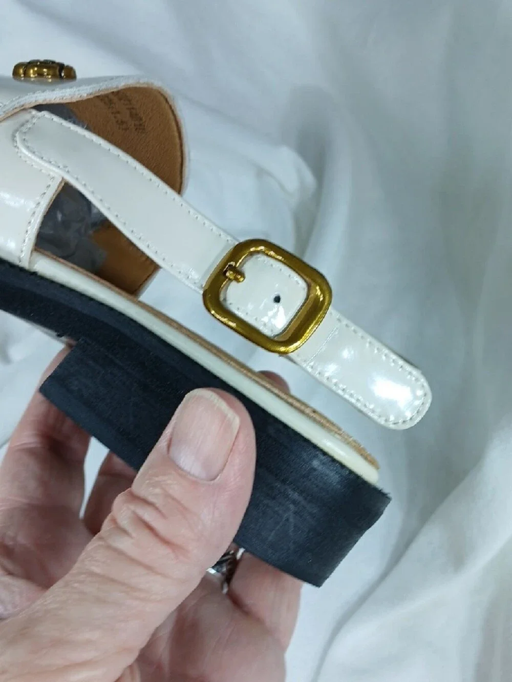 Girls' Cream Patent Slingback Loafers with Gold Rose Accent